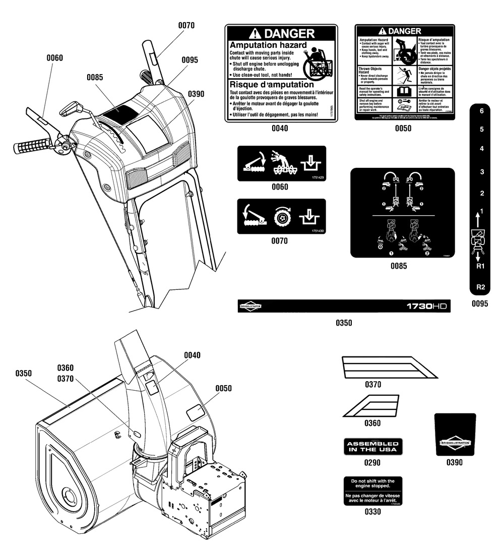 Decals Group Diagram and Parts List for 1696505-00-1730HD 2015 Briggs and Stratton Snow Blower